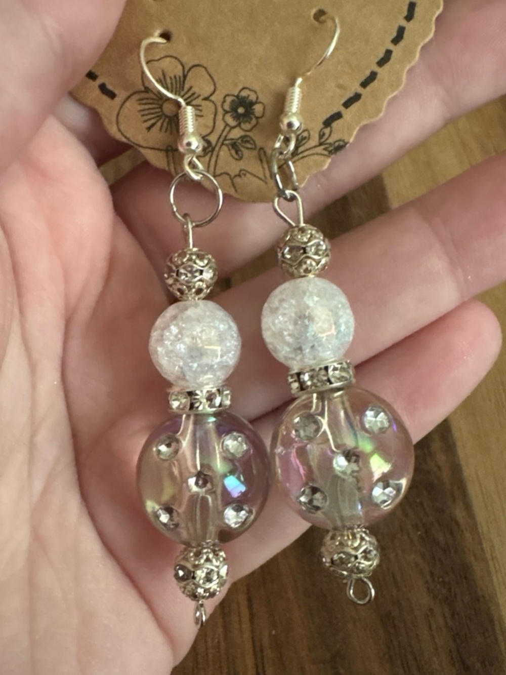 Handmade Iridescent Crystal Drop Earrings in White and Silver